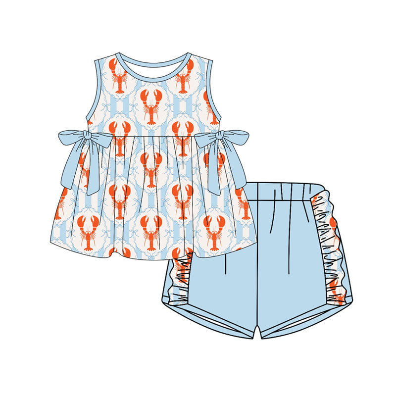 preorder GSSO3052 Crayfish Bows Sleeveless Blue Shorts Girls Set