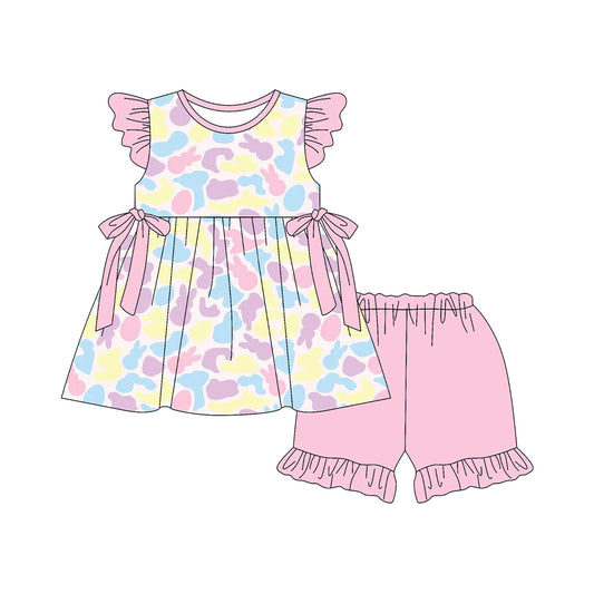 preorder GSSO3053 Easter Rabbit Camo Flutter Sleeve Pink Shorts Girls Set