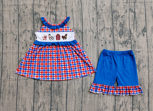 preorder Samples GSSO3056 July 4th Farm Red Blue Checkered Sleeveless Shorts Girls Set