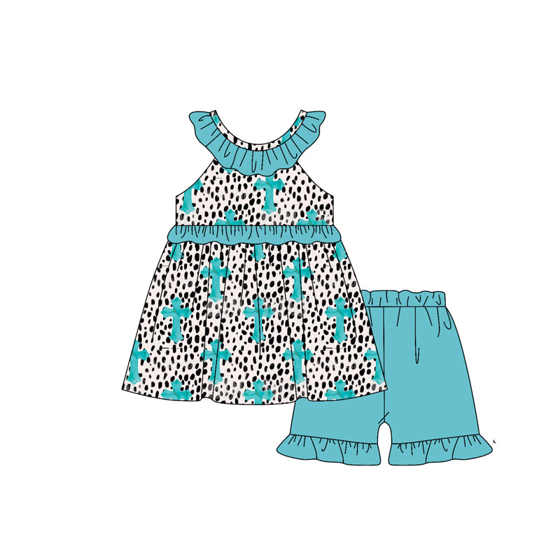 preorder GSSO3068 Easter Cross Leoaprd Top Blue Shorts Girls Set