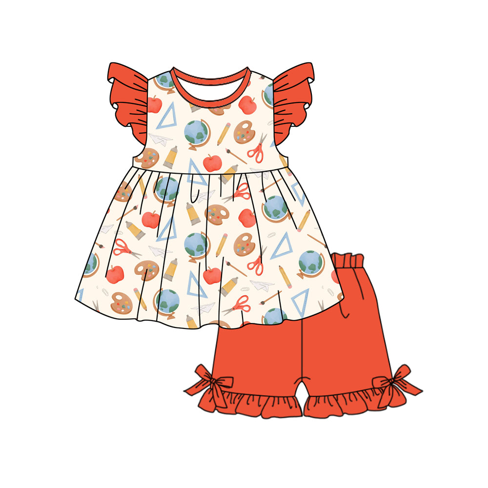 preorder GSSO3072 Back To School Flutter Sleeve Orange Shorts Girls Set