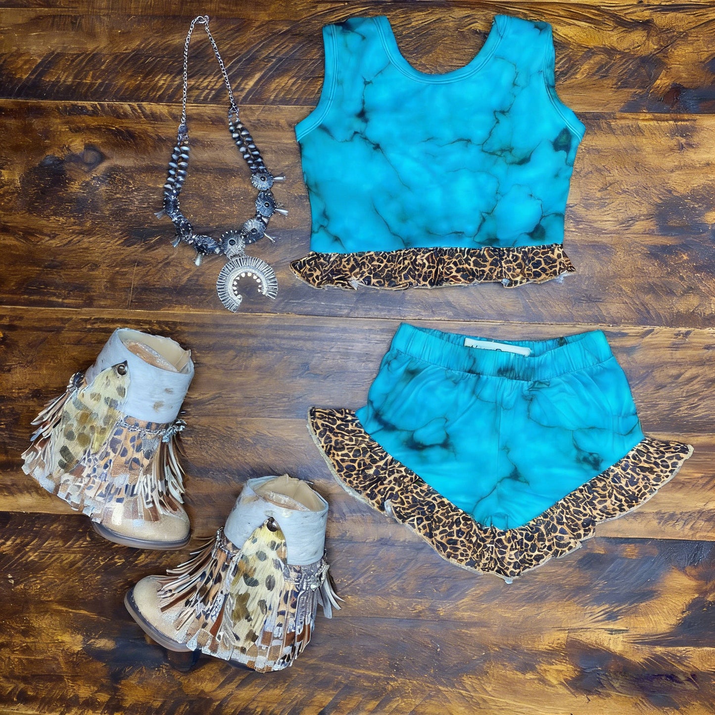 preorder GSSO3073 Western Cowgirl Blue Cow Print Sleeveless Shorts Girls Set