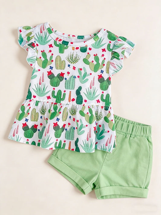 preorder GSSO3074 Cartoon Cactus Short Sleeve Green Shorts Girls Set