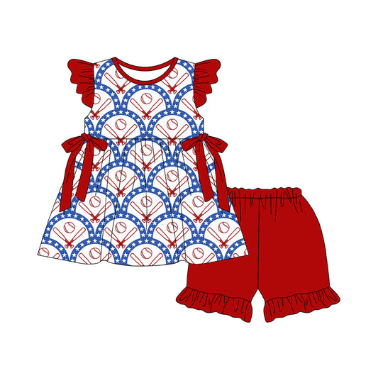 preorder GSSO3078 July 4th Baseball Flutter Sleeve Red Shorts Girls Set
