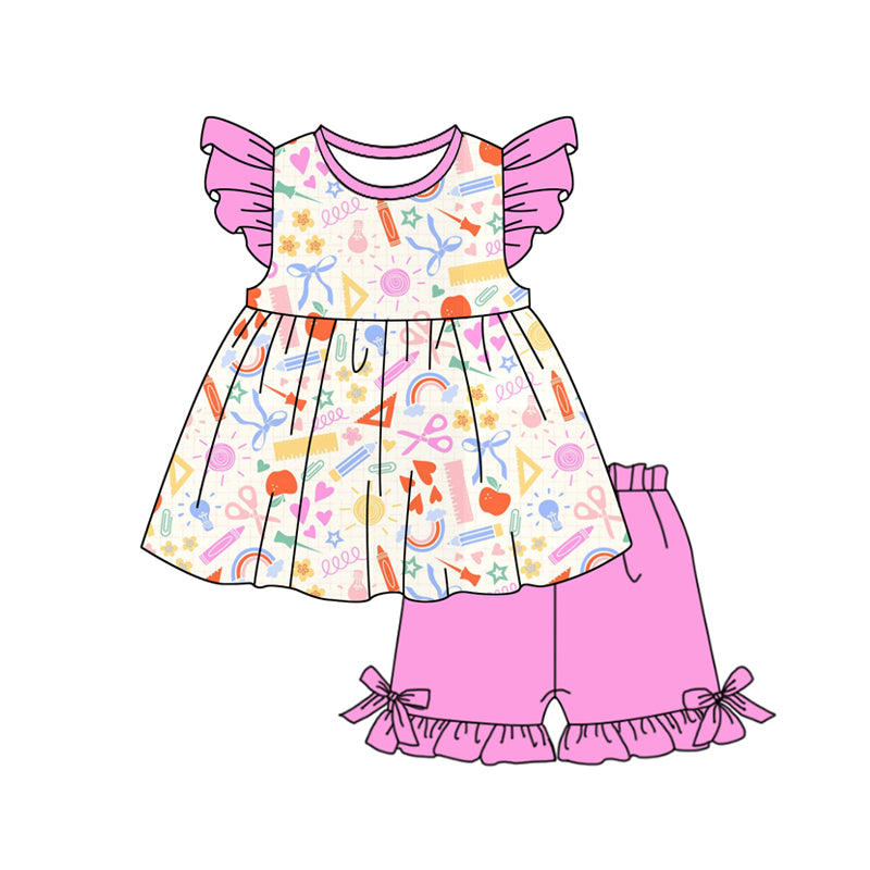 preorder GSSO3080 Back To Shcool Flutter Sleeve Pink Shorts Girls Set