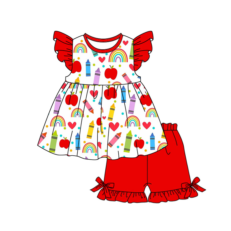 preorder GSSO3081 Back To Shcool Flutter Sleeve Red Shorts Girls Set