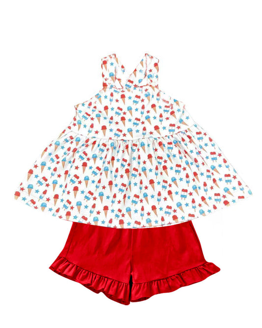 preorder GSSO3082 July 4th Ice Sleeveless Red Shorts Girls Set