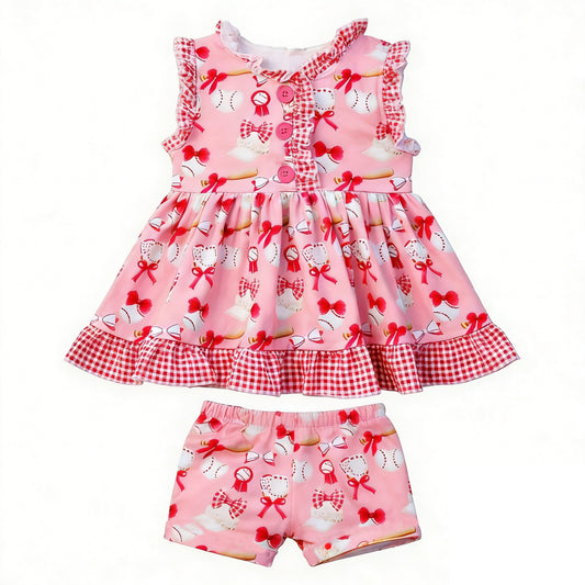 preorder GSSO3086 Baseball Bows Baseball Pink Sleeveless Shorts Girls Set