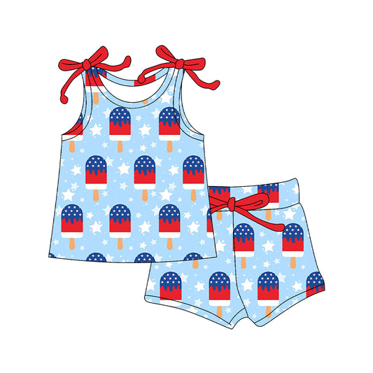 preorder GSSO3093 July 4th Red Blue Ice Star Sleeveless Shorts Girls Set