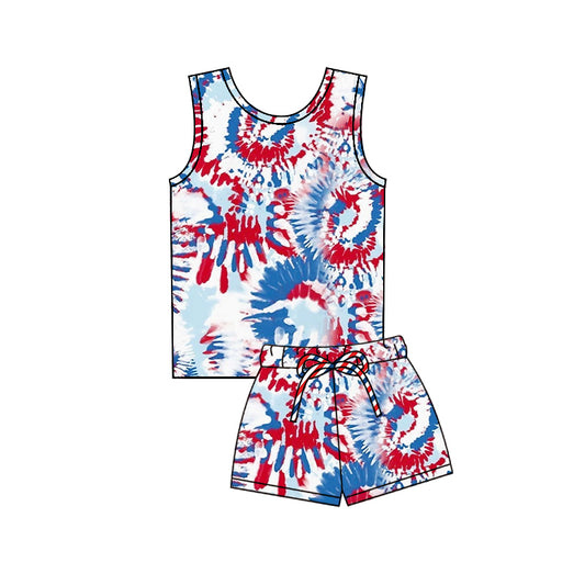 preorder GSSO3095 July 4th Red Blue Print Sleeveless Shorts Girls Set