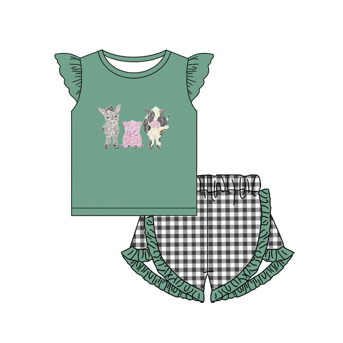 preorder GSSO3097 Farm Horse Pig Cow Green Flutter Sleeve Checkered Shorts Girls Set