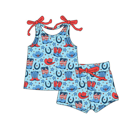 preorder GSSO3103 July 4th Western Boots Cactus Blue Sleeveless Shorts Girls Set