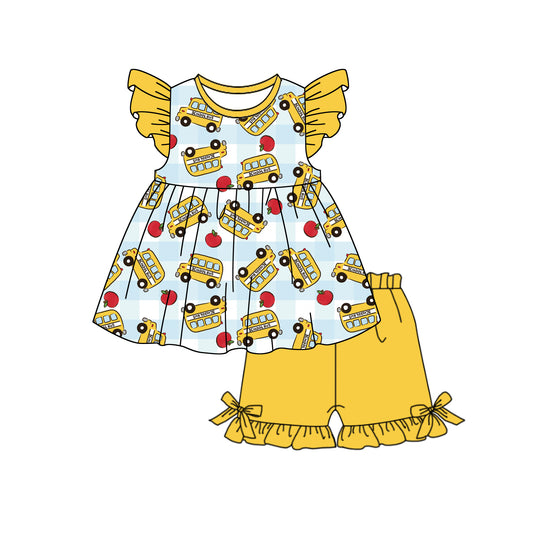 preorder GSSO3105 Back To School Bus Yellow Flutter Sleeve Shorts Girls  Set