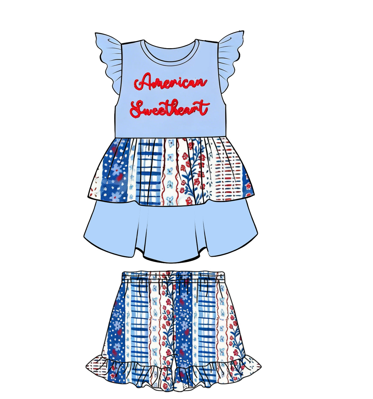 preorder GSSO3108 American Sweetheart Blue Flutter Sleeve Shorts Girls Set
