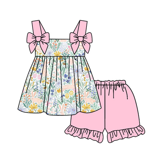 preorder GSSO3112 Easter Flowers Bows Top Pink Shorts Girls Set
