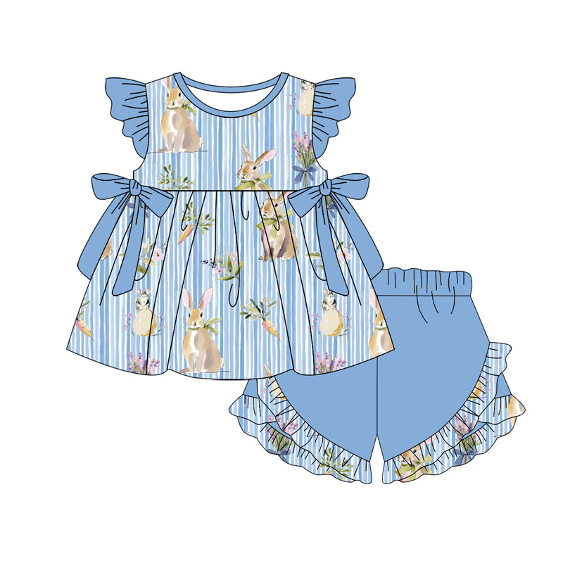 preorder GSSO3114 Easter Rabbit Carrot Blue Flutter Sleeve Shorts Girls Set