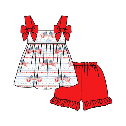 preorder GSSO3117 July 4th Flag Bows Top Red Shorts Girls Set