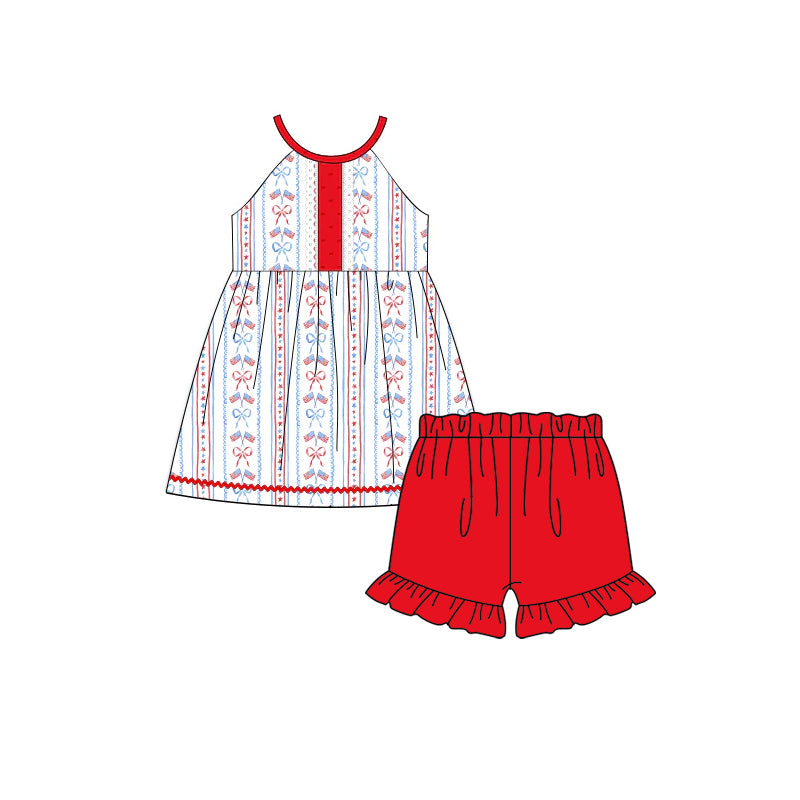 preorder GSSO3130 July 4th Flag Bows Top Red Shorts Girls Set