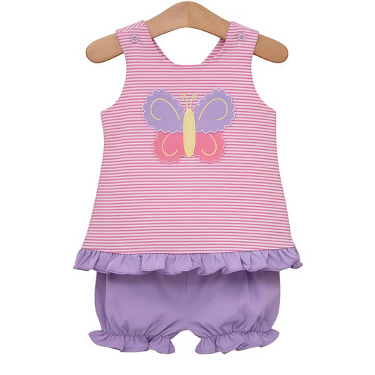 preorder GSSO3138 Butterfly Pink Striped Sleeveless Purple Shorts Girls Set