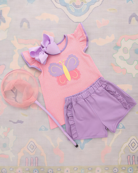 preorder GSSO3139 Butterfly Pink Striped Flutter Sleeve Purple Shorts Girls Set