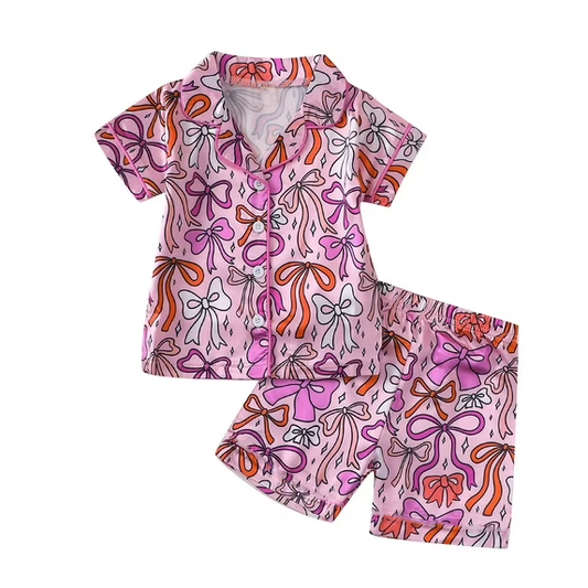 preorder GSSO3144 Pink Bows Short Sleeve Shorts Girls Pajamas