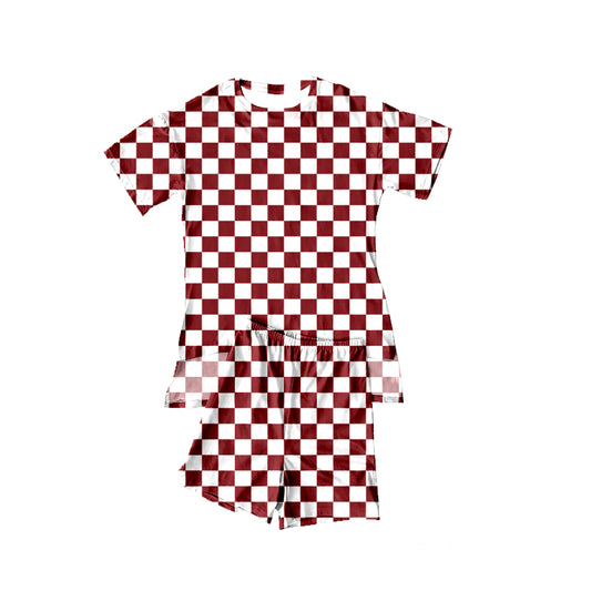 preorder GSSO3147 Maroon Checkered Short Sleeve Shorts Girls Pajamas