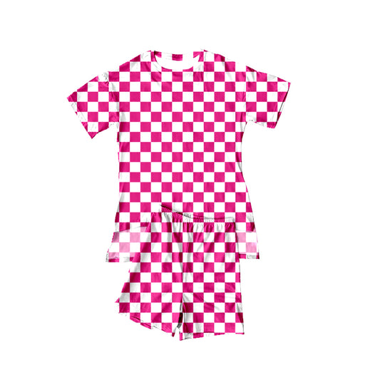 preorder GSSO3149 Hot Pink Checkered Short Sleeve Shorts Girls Pajamas