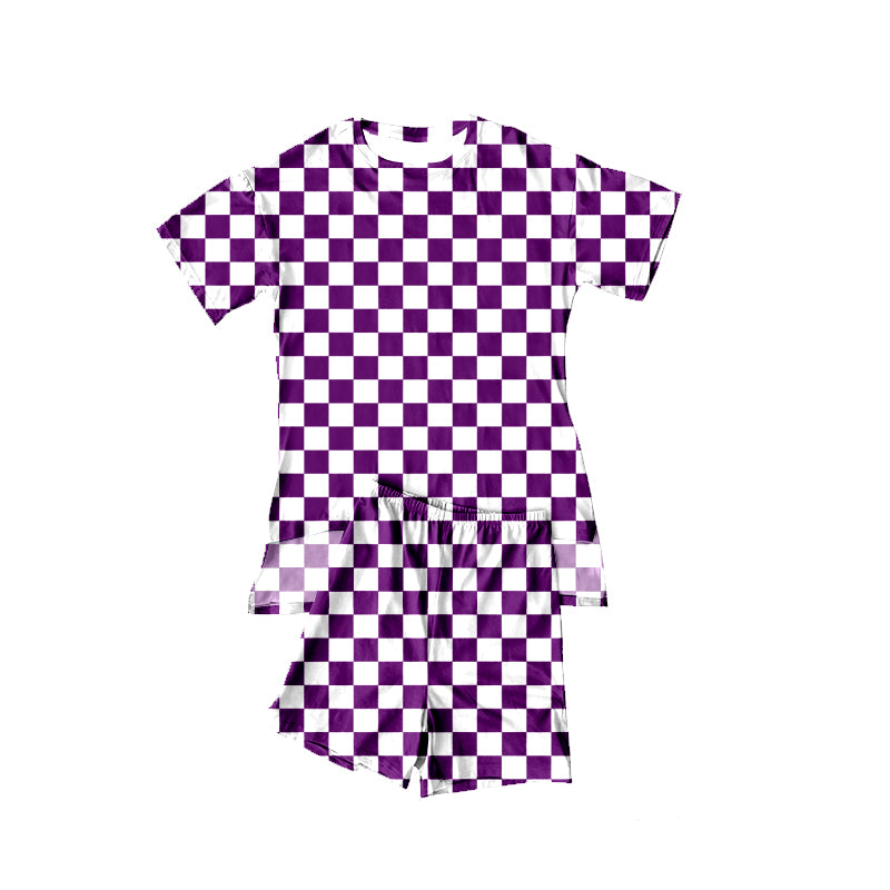 preorder GSSO3149 Purple Checkered Short Sleeve Shorts Girls Pajamas