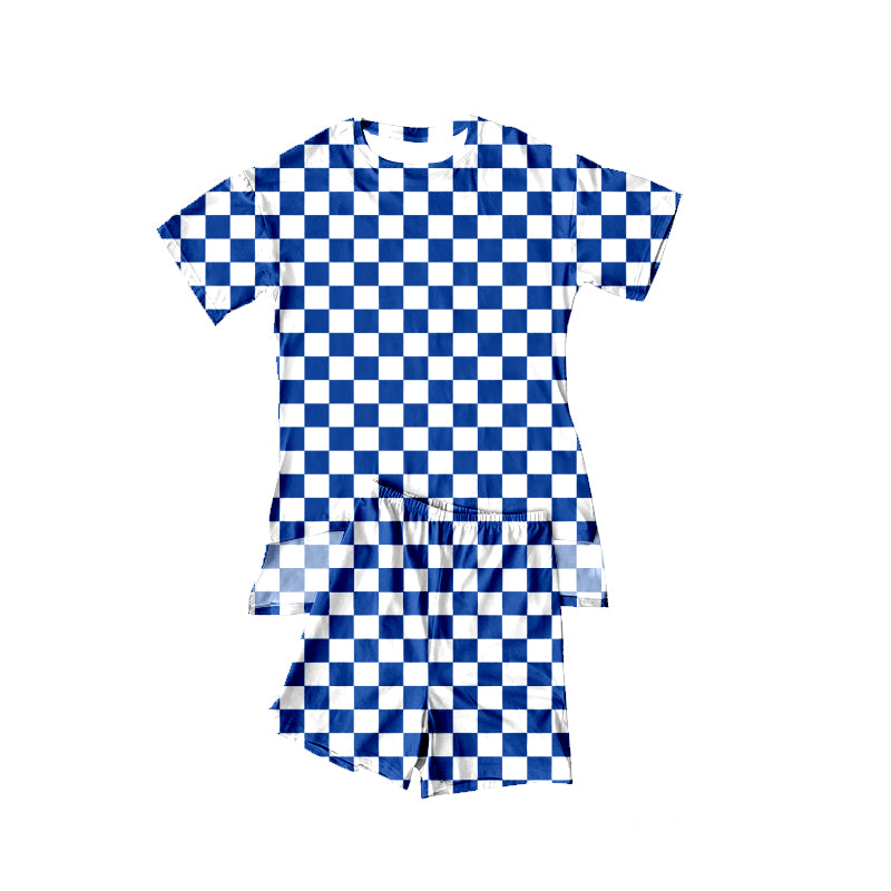 preorder GSSO3152 Blue Checkered Short Sleeve Shorts Girls Pajamas