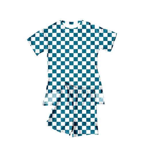 preorder GSSO3153 Green Checkered Short Sleeve Shorts Girls Pajamas