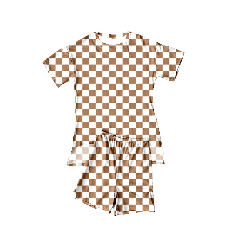 preorder GSSO3154 Khaki Checkered Short Sleeve Shorts Girls Pajamas