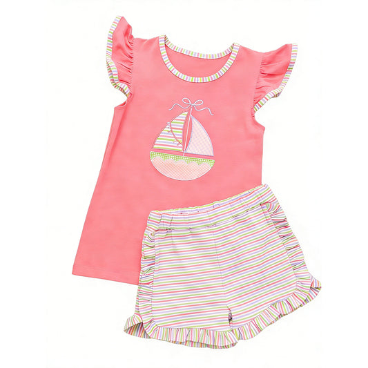 preorder GSSO3155 Sailboat Flutter Sleeve Striped Shorts Girls Set