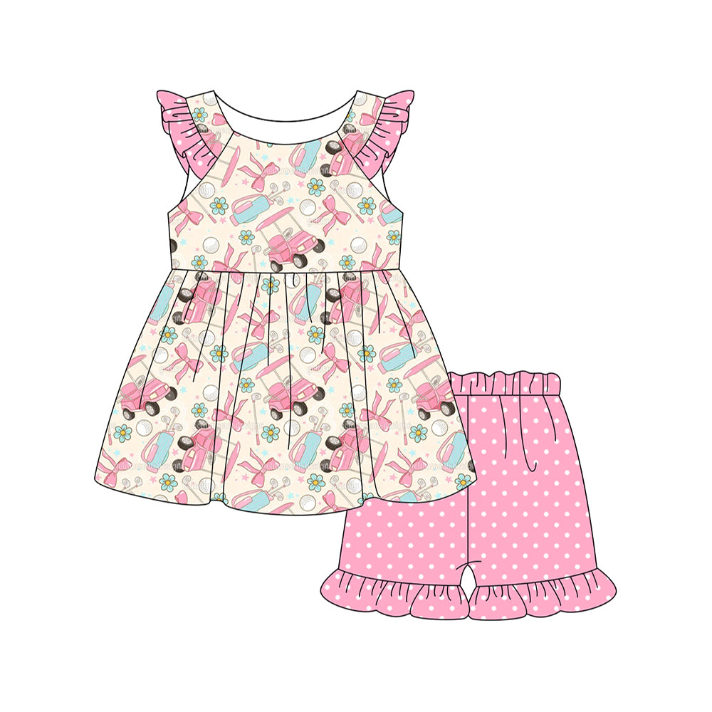 preorder GSSO3162 Golf Car Bows Pink Flutter Sleeve Shorts Girls Set