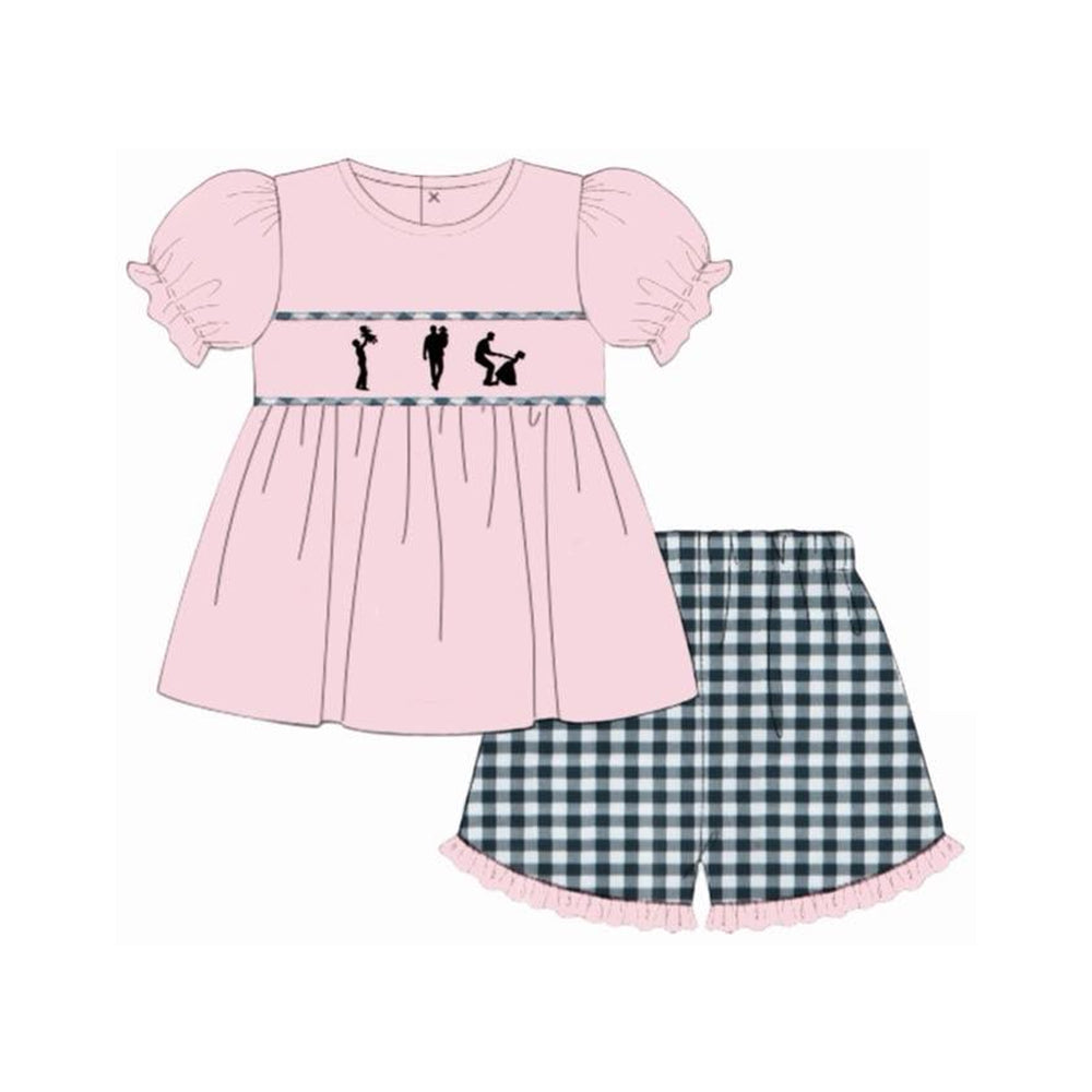 preorder GSSO3165 Daddy and Me Pink Short Sleeve Blue Checkered Shorts Girls Set