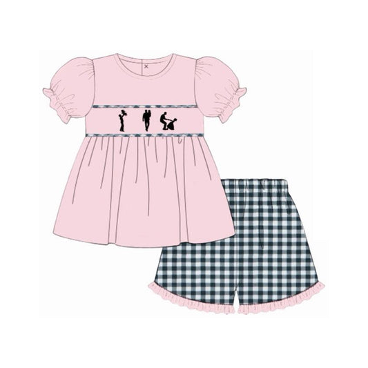 preorder GSSO3165 Daddy and Me Pink Short Sleeve Blue Checkered Shorts Girls Set