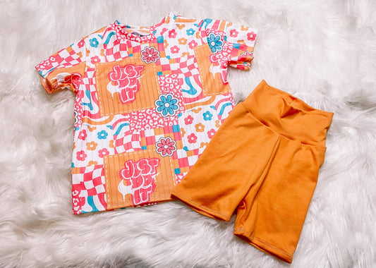 preorder GSSO3167 Just Do It Flowers Short Sleeve Orange Shorts Girls Set
