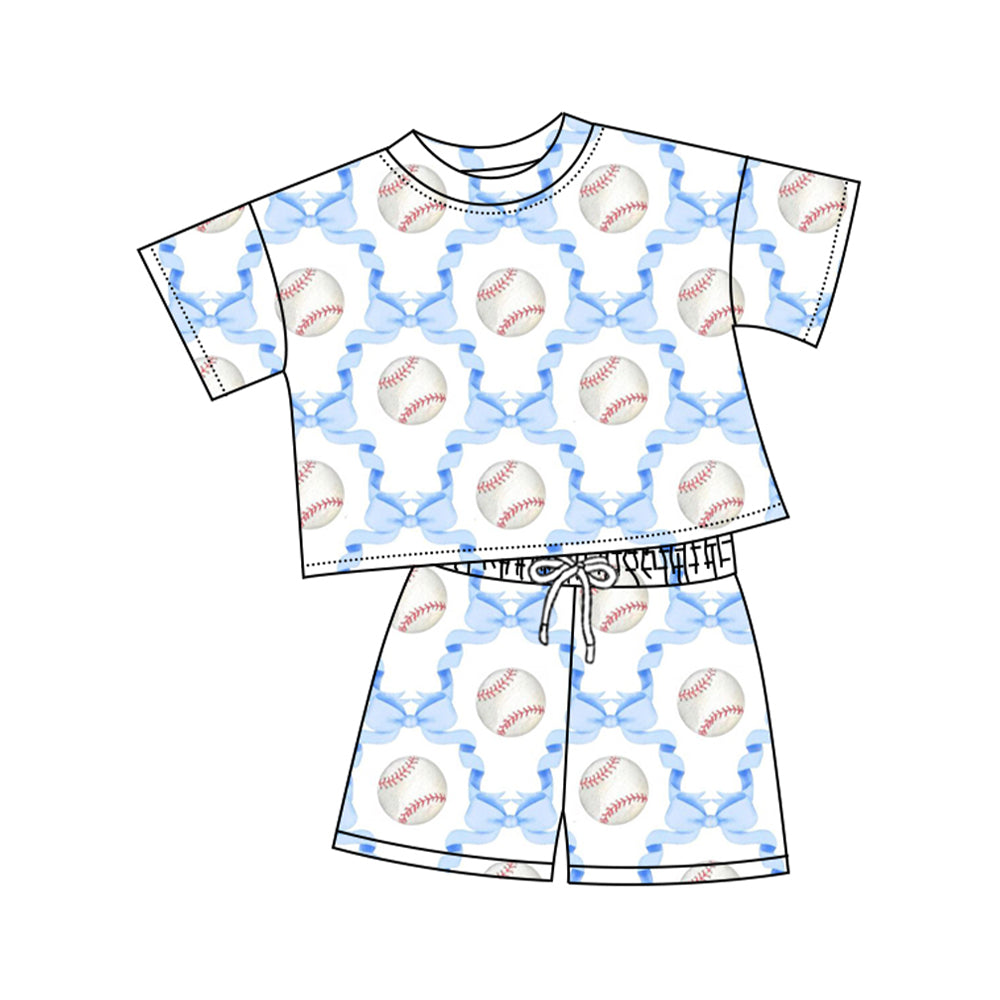 preorder GSSO3169 Baseball Blue Bows Short Sleeve Shorts Girls Set