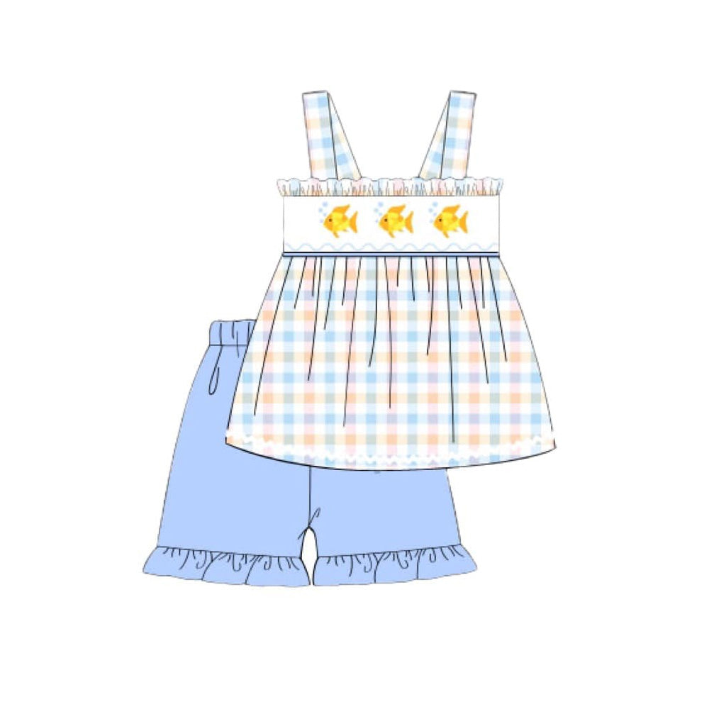 preorder GSSO3170 Fish Checkered Sleeveless Blue Shorts Girls Set