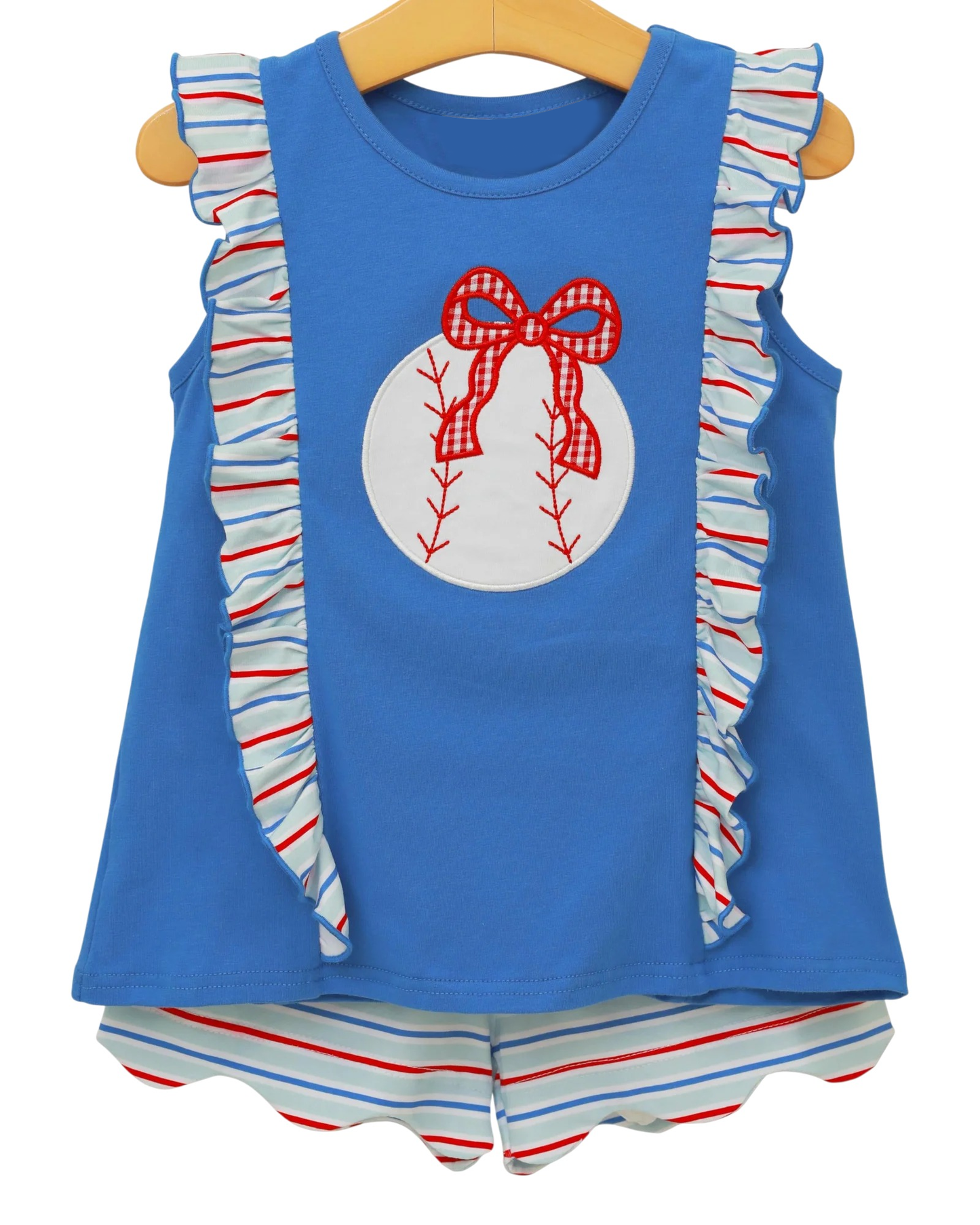 preorder GSSO3191 Baseball Bow Blue Sleeveless Shorts Girls Set