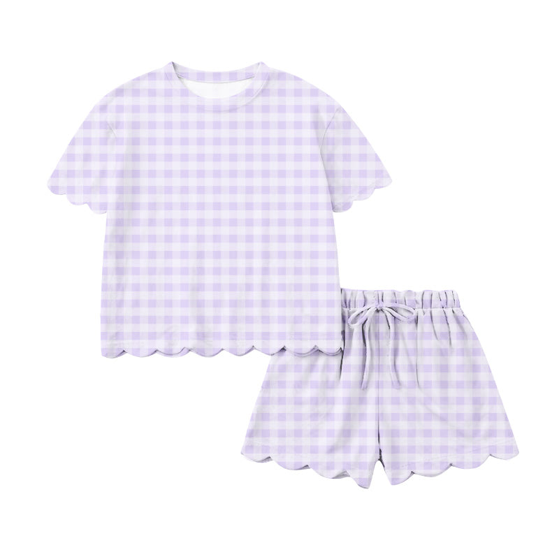 preorder GSSO3214 Purple Checkered Short Sleeve Shorts Adult Women Set