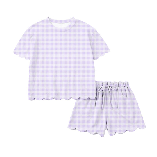 preorder GSSO3214 Purple Checkered Short Sleeve Shorts Adult Women Set