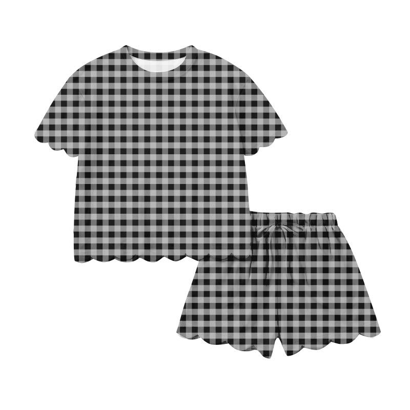 preorder GSSO3215 Black Checkered Short Sleeve Shorts Adult Women Set