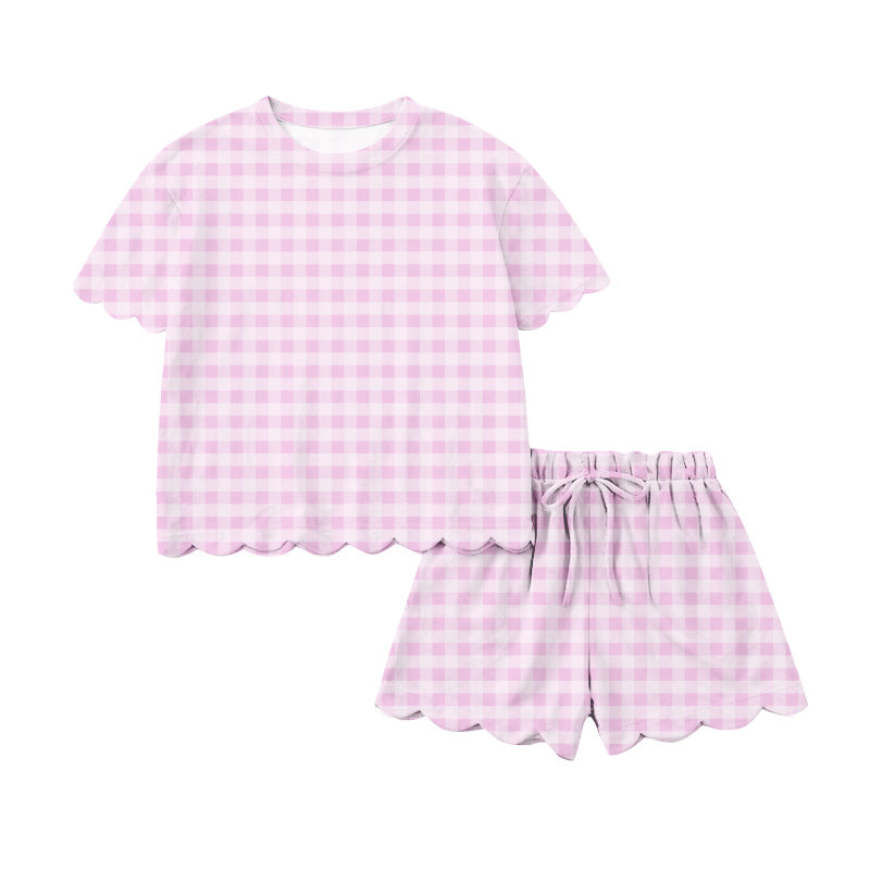 preorder GSSO3216 Pink Checkered Short Sleeve Shorts Adult Women Set