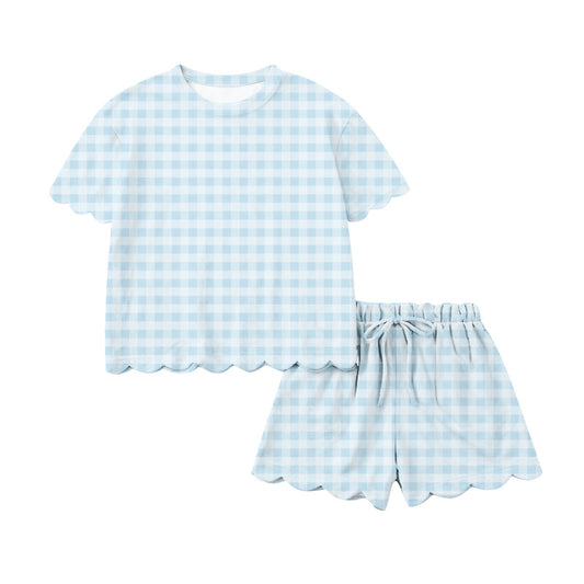 preorder GSSO3217 Blue Checkered Short Sleeve Shorts Adult Women Set