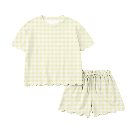 preorder GSSO3218 Yellow Checkered Short Sleeve Shorts Adult Women Set