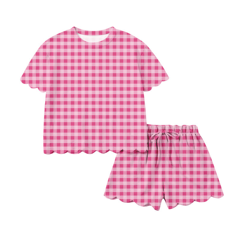 preorder GSSO3219 Hot Pink Checkered Short Sleeve Shorts Adult Women Set