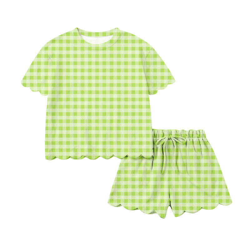 preorder GSSO3222 Green Checkered Short Sleeve Shorts Adult Women Set
