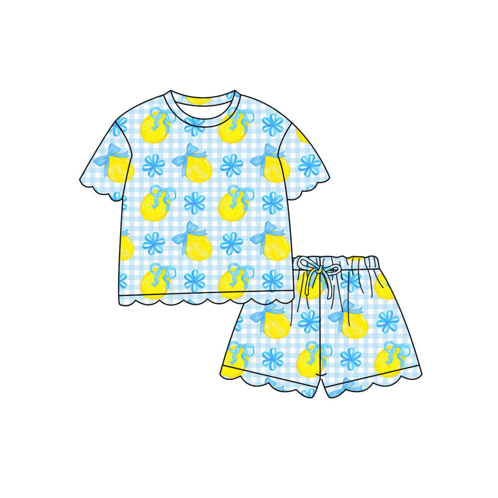 preorder GSSO3236 Lemon Bows Blue Checkered Short Sleeve Shorts Girls Set