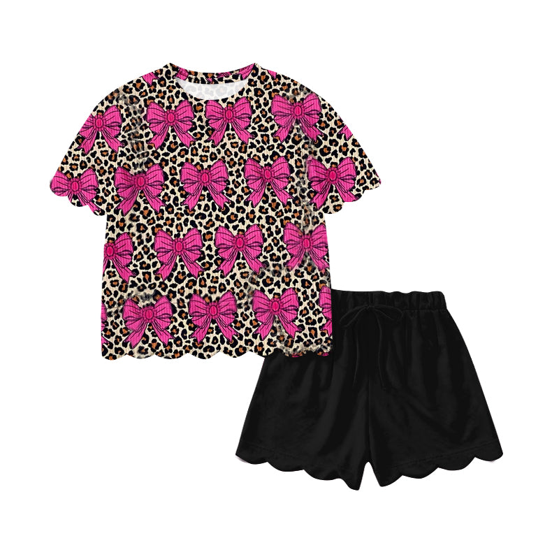 preorder GSSO3237 Hot Pink Bows Leopard Short Sleeve Black Shorts Girls Set