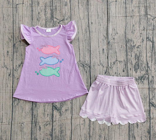 preorder Samples GSSO3242 Fishing Purple Flutter Sleeve Shorts Girls Set